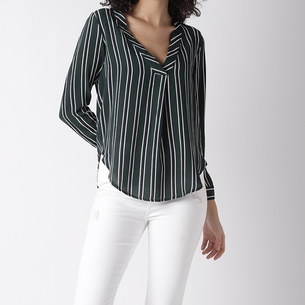 CLEARANCE Green white and navy striped top